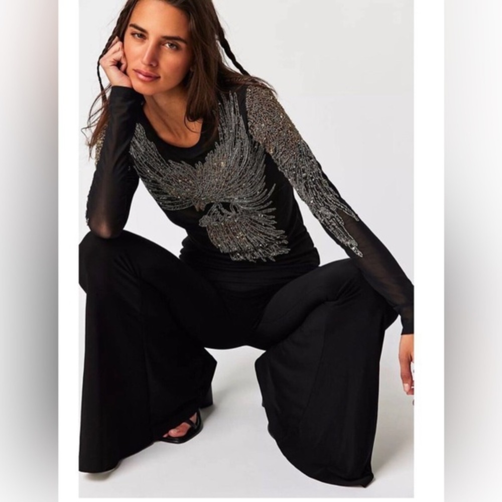 Free People ANY OLD IRON BEADY EAGLE black sheer long sleeve top SHIRT size S